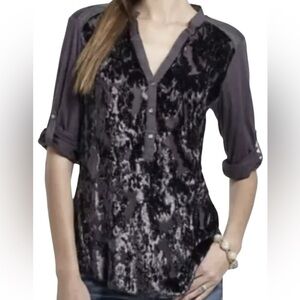 Anthropologie Tiny Whimsigoth Silk Cotton Velvet Front Henley Burnout Top Medium